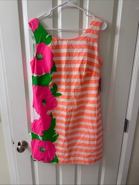 Lilly Pulitzer Coral Stripe Midi Dress with Hot Pink Floral Side Panel